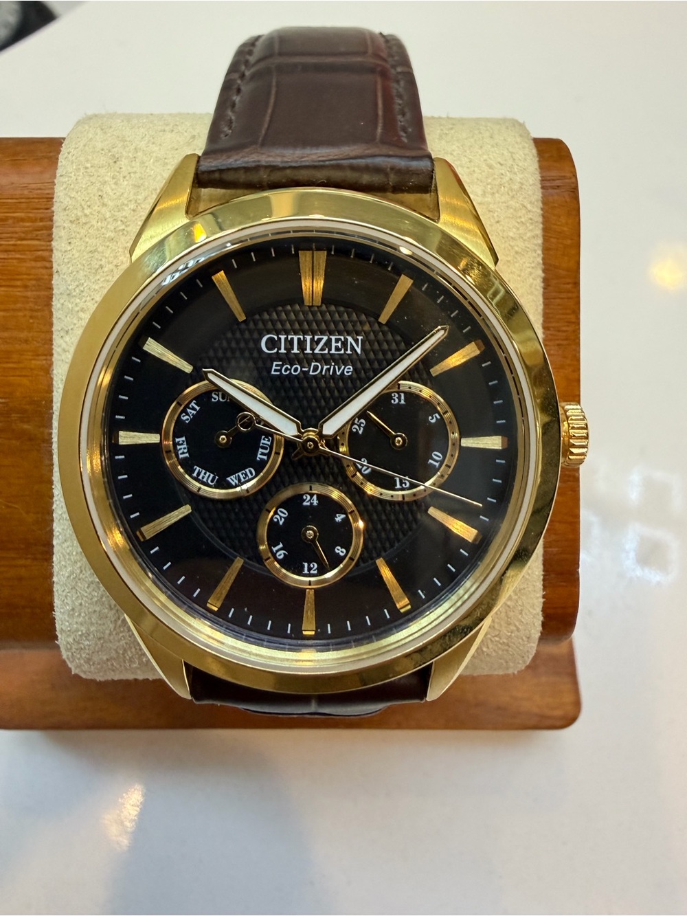 Citizen Eco-Drive Rolan Gold Case Black Dial Brown Leather Strap Watch